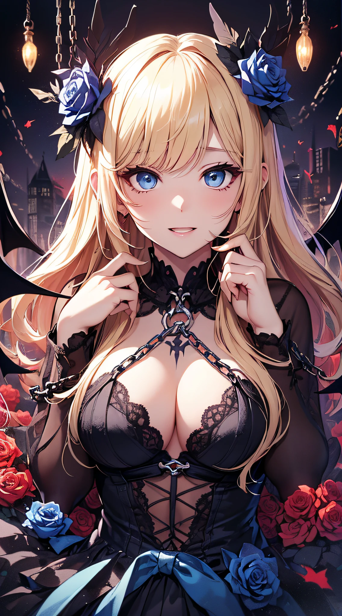 top-quality、Top image quality、masterpiece、girl with((18year old、Dark clothing、Dark bra、Dark skirt、 Best Bust、Bust 90、Blonde long、Blue eyes、open chest wide、Valley、Happiness、A slender、Provocative behavior、Evil face、Handcuffed、High laughter、Skull Tattoo、Tattoo of roses、Targeting your audience、Tighten blue rose hair、Aura of Darkness,Dark Forces,blue flames、Chain Accessories、Black wings、Black manicure、With a black whip、Fall in love with your audience))hiquality、Beautiful Art、Background with((prison、Dark impression、nightcity,Red sky、Many bats、many chains、the magma))、masutepiece、Elaborate design、visualart、dark art