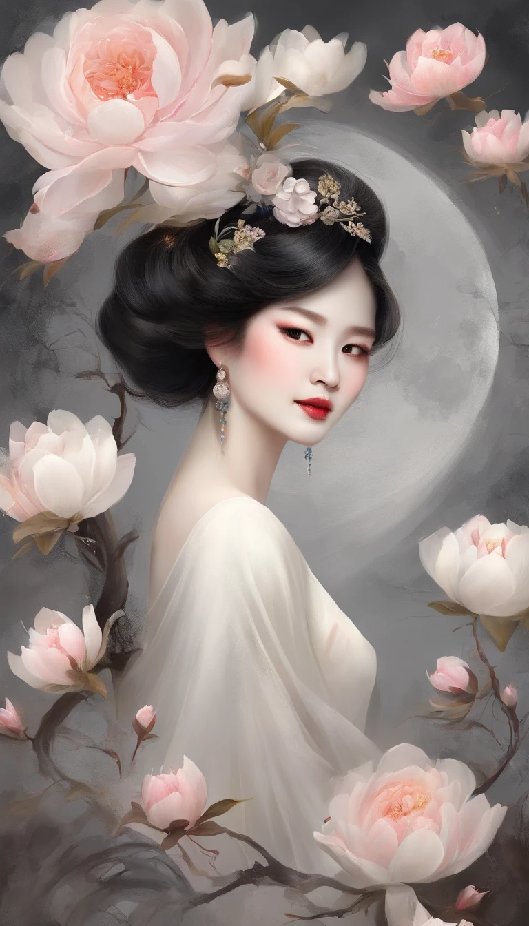Yun wants to wear clothes and flowers to look good，The spring breeze blows Revlon。if it were not for the jade mountain, I'll see you，Will meet Yaotai moon。A beautiful concubine in ancient China, Yang Yuhuan，Yang，elegant，A shallow shy smile,（Black colored eyes），holding peony flower，（Very detailed and perfect facial depiction）,(Black coiled hair）,（Half-body appearance），Silk fabric, (Long sleeves floating), It's dancing,Happiness is light,White kitten， (There is a bright full moon in the distant sky:1.2),（surrounded by flower:1.2), vivd colour,Autumn tones，Moonlit night tones，（light and shadow effect）,（vivd colour）,（Color splattering）,（Obvious layers）,（Ink painting style:1.2）,（Photography Award）,（8k wallpaper）,（Masterpiece）,（best qualtiy）,A picture,realisticlying