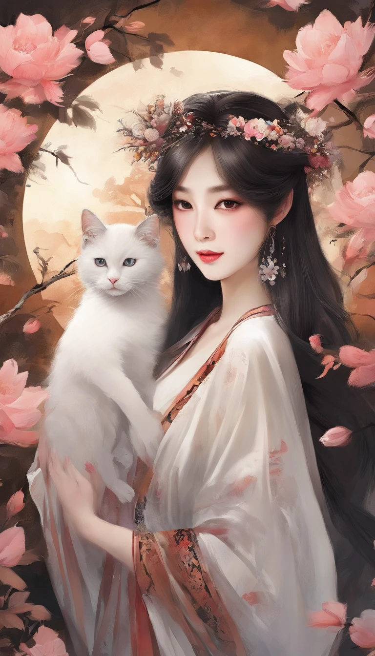 Yun wants to wear clothes and flowers to look good,The spring breeze blows Revlon。if it were not for the jade mountain, I'll see you,Will meet Yaotai moon。A beautiful concubine in ancient China, Yang Yuhuan,Yang,elegant,A shallow shy smile,(Black colored eyes),holding peony flower,(Very detailed and perfect facial depiction),(Black coiled hair),(Half-body appearance),Silk fabric, (Long sleeves floating), It's dancing,Happiness is light,White kitten, (There is a bright full moon in the distant sky:1.2),(surrounded by flower:1.2), vivd colour,Autumn tones,Moonlit night tones,(light and shadow effect),(vivd colour),(Color splattering),(Obvious layers),(Ink painting style:1.2),(Photography Award),(8k wallpaper),(Masterpiece),(best qualtiy),A picture,realisticlying