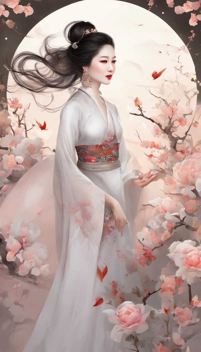Yun wants to wear clothes and flowers to look good,The spring breeze blows Revlon。if it were not for the jade mountain, I'll see you,Will meet Yaotai moon。A beautiful concubine in ancient China, Yang Yuhuan,Yang,elegant,A shallow shy smile,(Black colored eyes),holding peony flower,(Very detailed and perfect facial depiction),(Black coiled hair),(Half-body appearance),Silk fabric, (Long sleeves floating), It's dancing,Happiness is light,White kitten, (There is a bright full moon in the distant sky:1.2),(surrounded by flower:1.2), vivd colour,Autumn tones,Moonlit night tones,(light and shadow effect),(vivd colour),(Color splattering),(Obvious layers),(Ink painting style:1.2),(Photography Award),(8k wallpaper),(Masterpiece),(best qualtiy),A picture,realisticlying