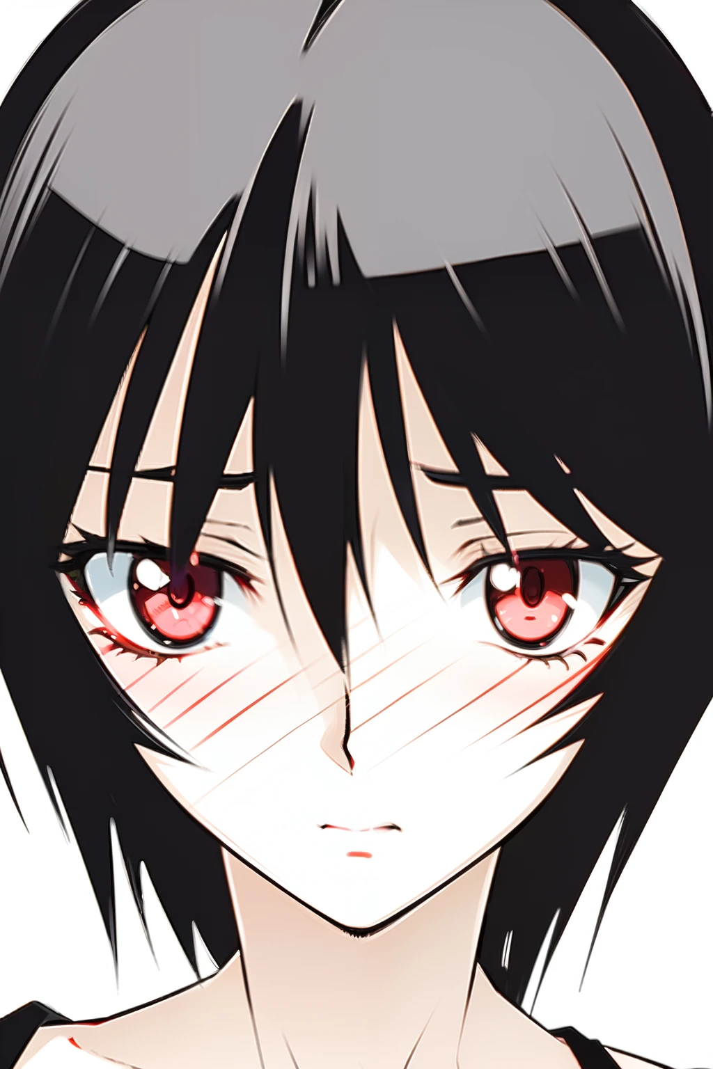 1girl, HITOMI, short hair, red eyes, black hair, red bikini, face close-up, face focus,