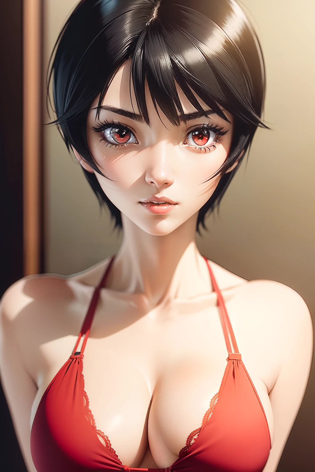 1girl, HITOMI, short hair, black hair,  red eyes, red bikini, face close-up, face focus,