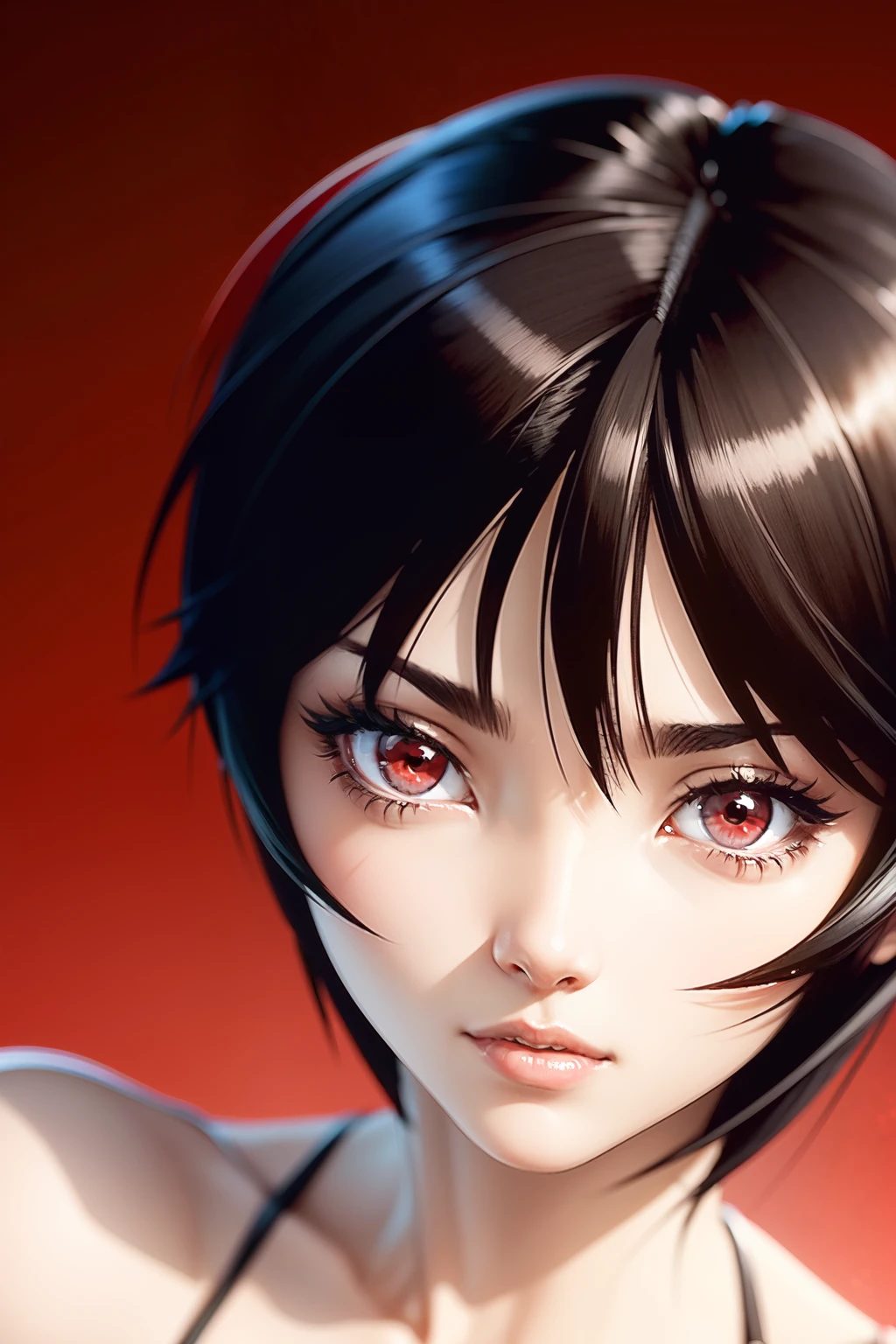 1girl, HITOMI, short hair, black hair,  red eyes, red bikini, face close-up, face focus,