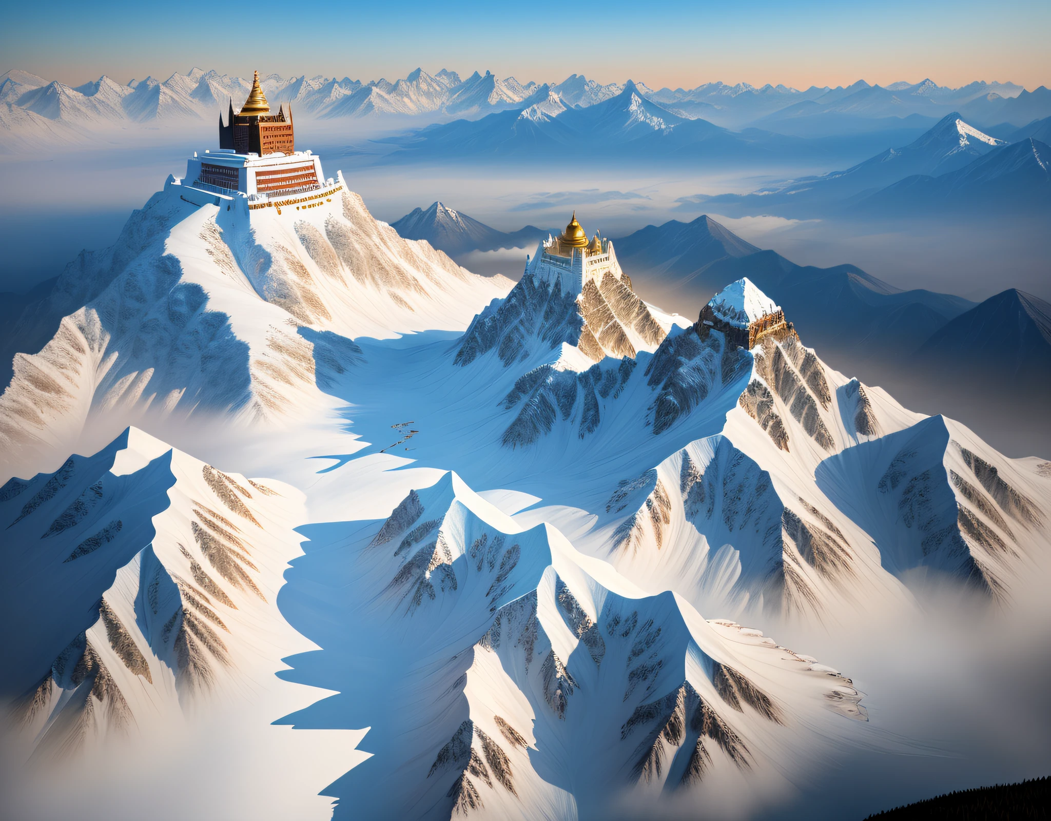 In the golden sun，snow mountains，（snow white forest：1.2），goshawk，Potala Palace，rios，towering，tmasterpiece, High quality,  Best quality, 8K, Magnificent, A majestic，From above, Wide shot, High quality, Best quality, Award-Awarded, Best quality, A high resolution