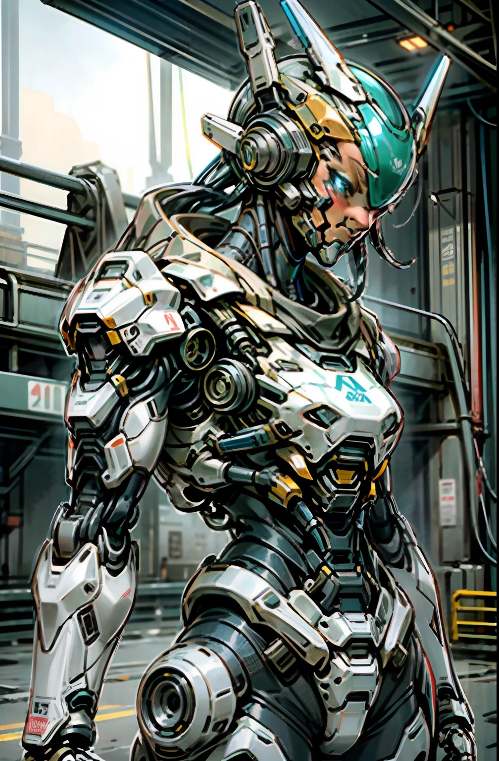 there is a robot that is standing in the street, femminine,Open love playful,chappie the robot, dudes, military robot, scout police robot, war robot, chappie in an adidas track suit, mech robot, Mech suit, closeup cleavage, portrait of a mech, titanfall irl, Neil Blomkamp, scifi robots, cyberpunk cyborg, mech robot futuristic,tmasterpiece,Dark_Fantasyc,bust,Art of the highest quality,Highest high resolution,hyper-detailing,Coffee is the main color,Decorated with blue decorative strips,A futuristic,samurai robots,atmospurate,8k,64k,k hd,Unbeatable masterpiece,动态照明,cinematic ligh,epic