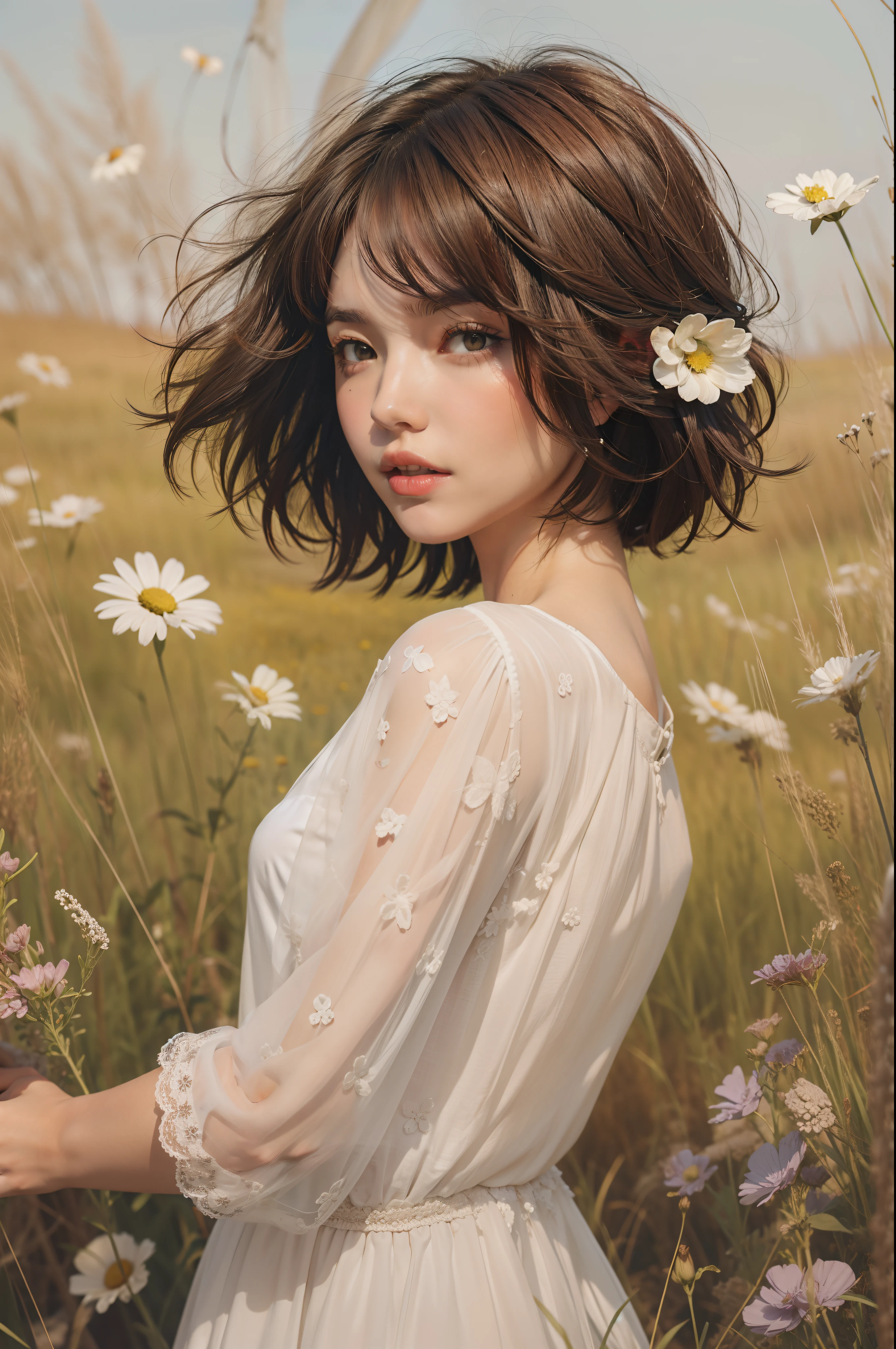 femele, Short brown hair in a white dress in a meadow