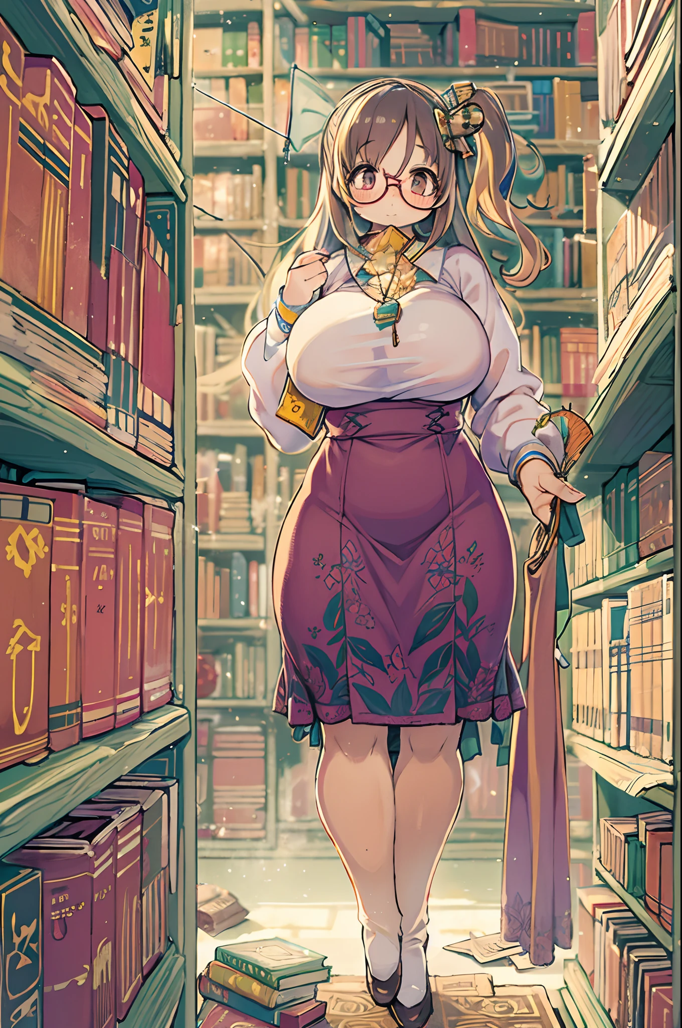 Huge library、1 librarian、One Woman、small round glasses、bbw
