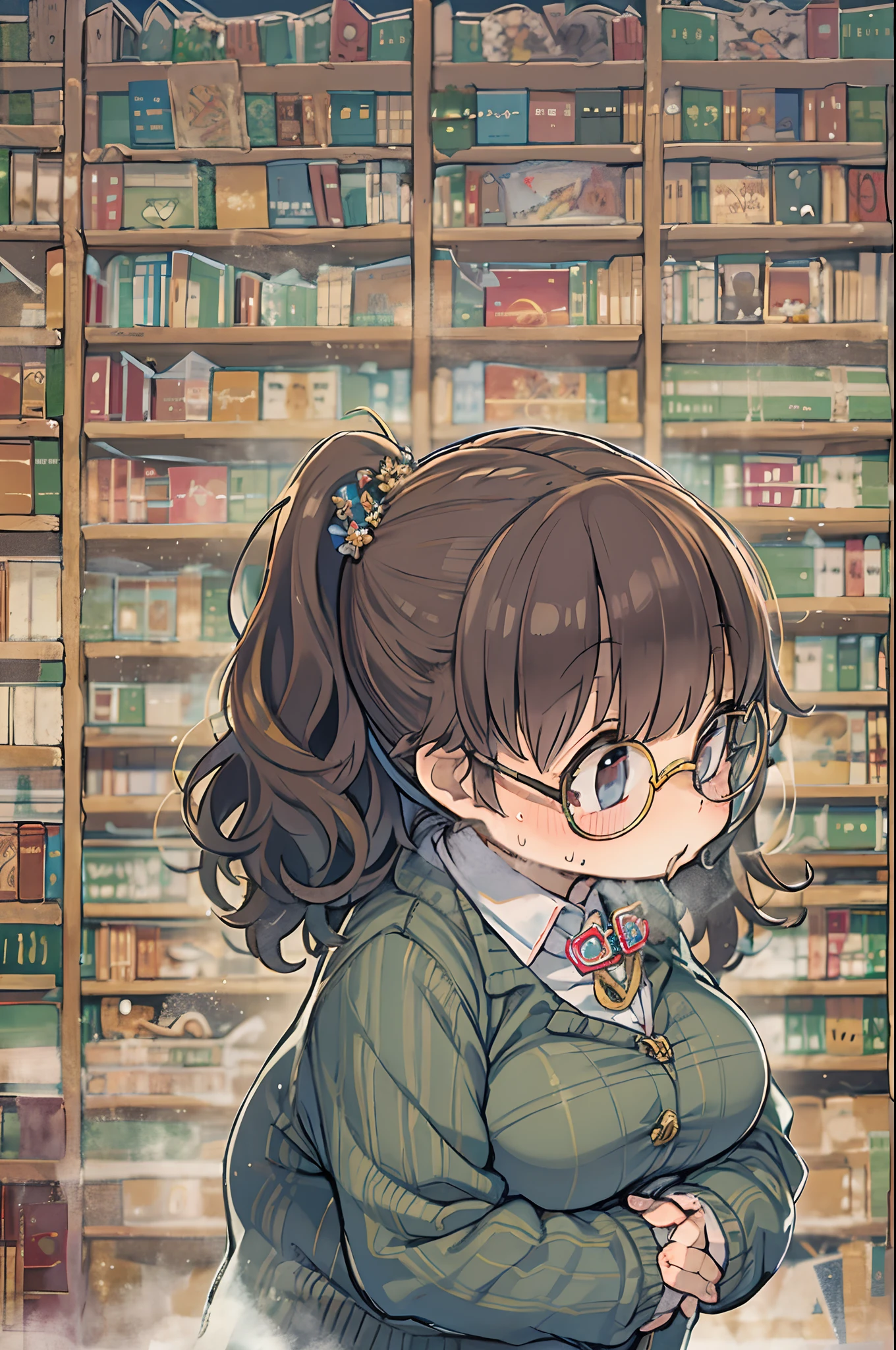 Huge library、1 librarian、One Woman、small round glasses、bbw