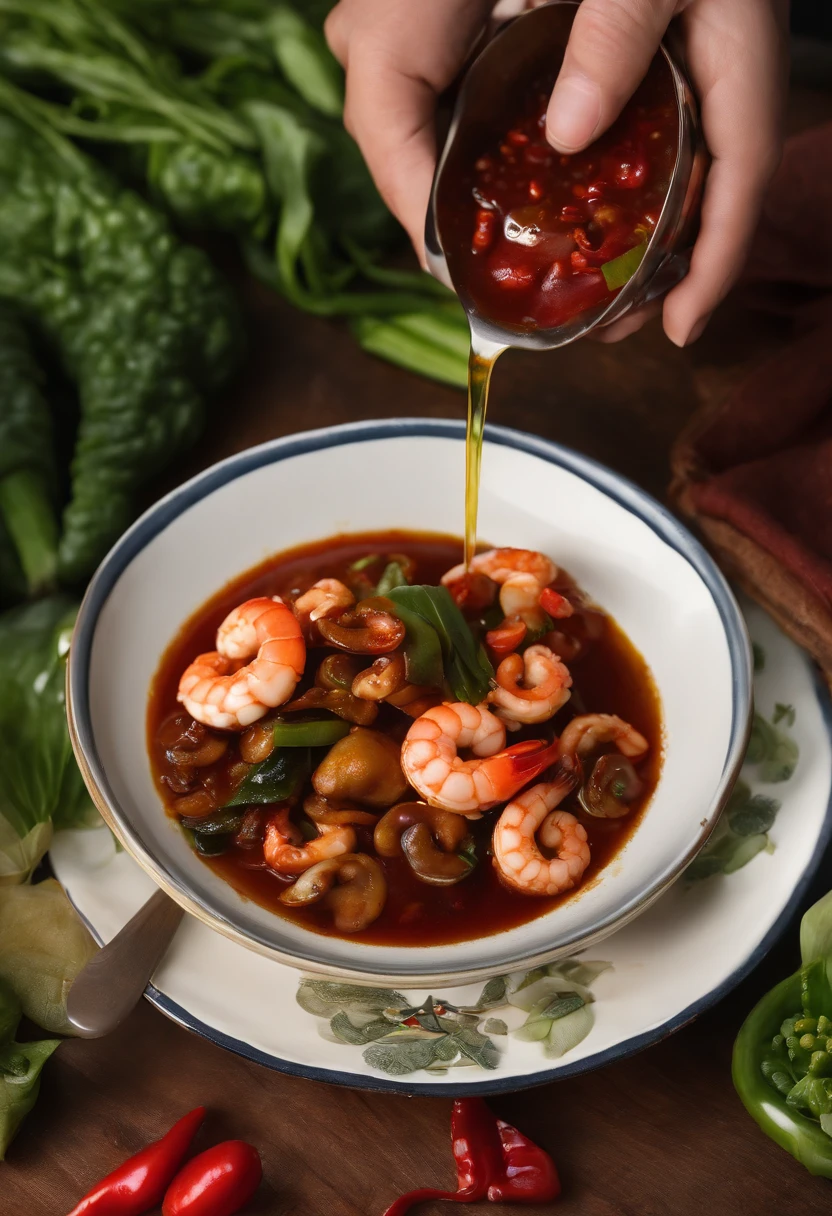 Close-up spicy mix, seafood mushrooms, small octopus, red oil, shrimp, green pepper, sixty-sixth century pepper, green vegetables, bok choy, tofu puffs, super realistic food photos, the full subject shown in the photo, a spoon is pouring into a Red Oil bowl, with the name on the front (Portuguese canteen), detailed letters, Randy Post, Hyper Realistic, "Hyper Realistic," High Resolution Photo