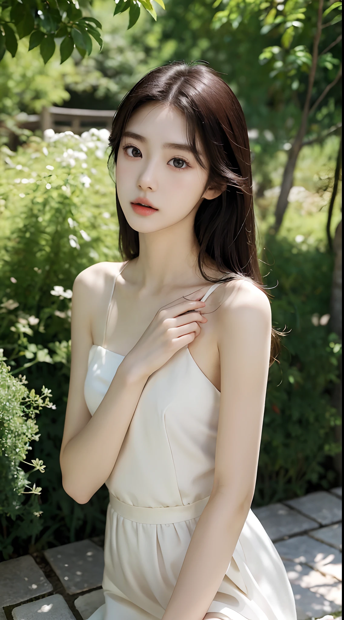 Japanese and Korean beauties,18yr old,Pure and cute,16K HD is realistic,Photographic quality,delicated face,mesmerizing eyes,二重まぶた,long eyelasher,sensual lip,Slim and slim,White skin,Realistic slender five fingers,In the background garden,Ethereal beauty