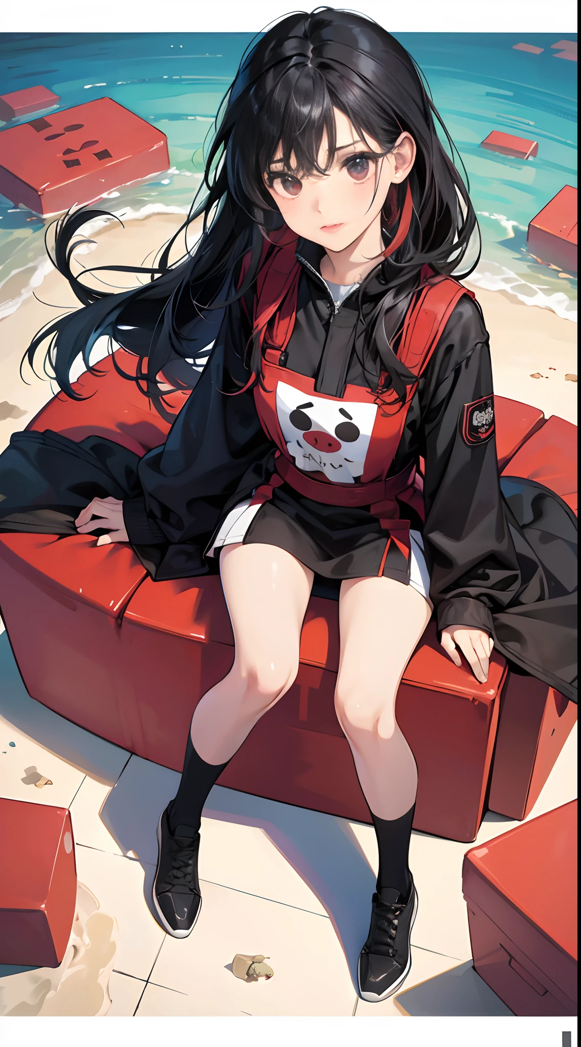 (Best Quality,4K,High resolution), girl with, Red mesh hair on black hair, Long hair, Straight hair,dishevled hair, astonished face, Comical appearance,comic strip,animesque,Comical illustration,Cute illustrations delicately drawn in detail,Compact size,Small body,Floating in the air,full body close-up,Looking up at the camera from above