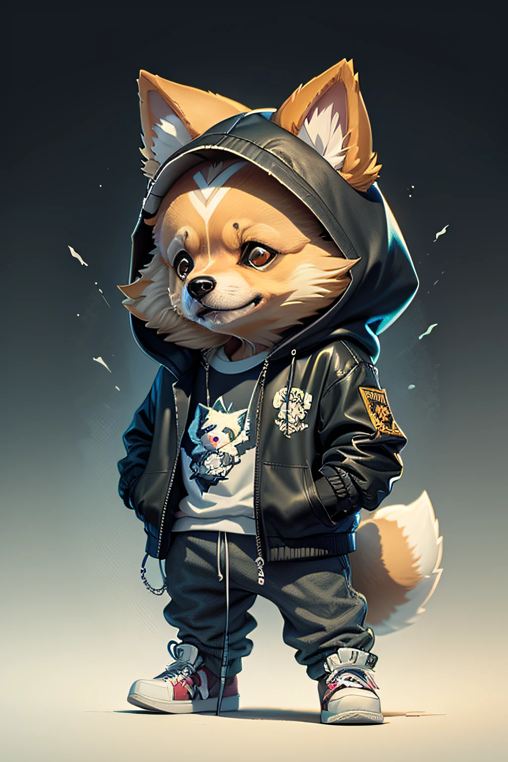 C4tt4stic, Cartoon pomeranian Dog Dog in Jacket and Skateboard(Body hair is black、The specifics of the appearance of the pomeranian)