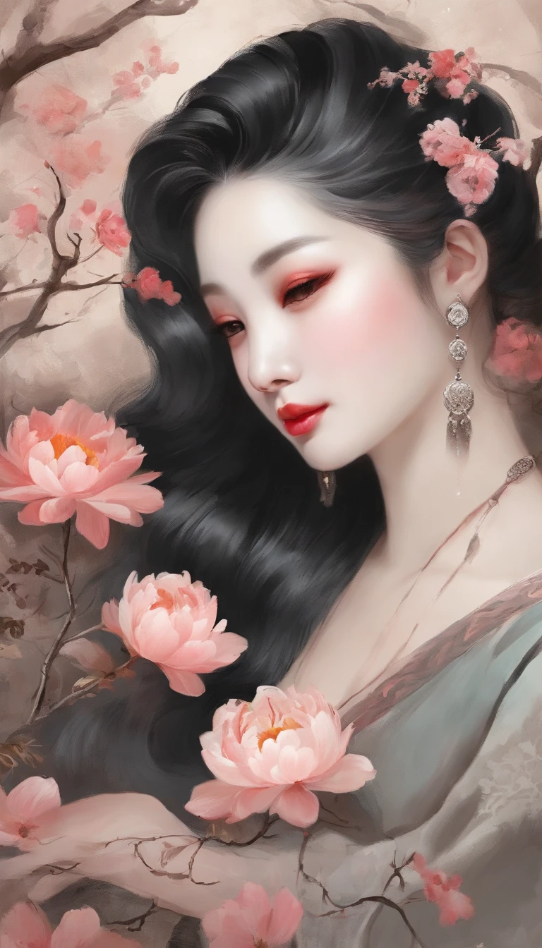 Yun wants to wear clothes and flowers to look good,The spring breeze blows Revlon。if it were not for the jade mountain, I'll see you,Will meet Yaotai moon。A beautiful concubine in ancient China, Yang Yuhuan,Yang,elegant,A shallow shy smile,(Black colored eyes),holding peony flower,(Very detailed and perfect facial depiction),(Black coiled hair),(Half-body appearance),Silk fabric, (Long sleeves floating), It's dancing,Happiness is light,White kitten, (There is a bright full moon in the distant sky:1.2),(surrounded by flower:1.2), vivd colour,Autumn tones,Night tones in moonlight,(light and shadow effect),(vivd colour),(Color splattering),(Obvious layers),(Ink painting style:1.2),(Photography Award),(8k wallpaper),(Masterpiece),(best qualtiy),A picture,realisticlying