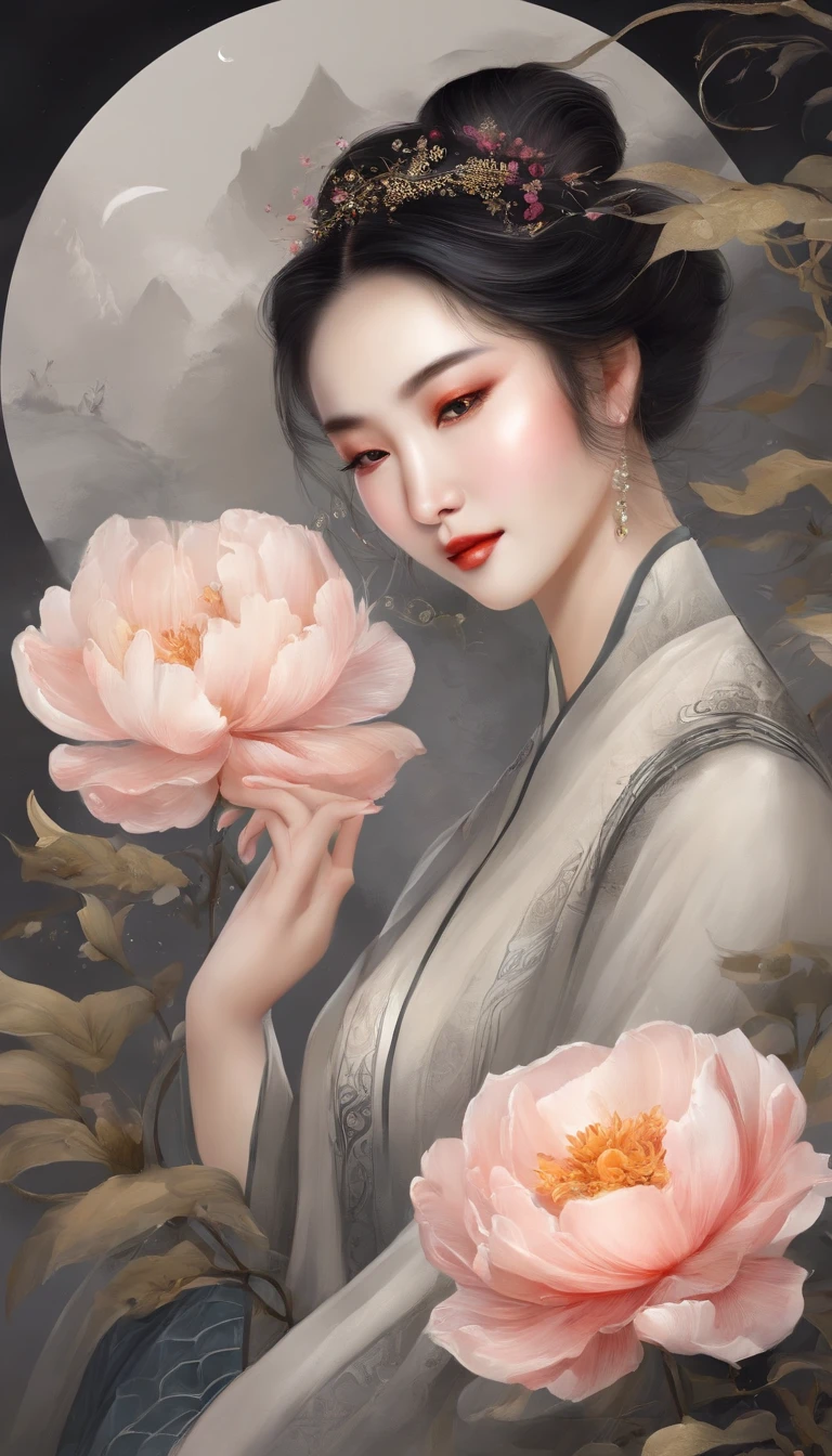 Yun wants to wear clothes and flowers to look good,The spring breeze blows Revlon。if it were not for the jade mountain, I'll see you,Will meet Yaotai moon。A beautiful concubine in ancient China, Yang Yuhuan,Yang,elegant,A shallow shy smile,(Black colored eyes),holding peony flower,(Very detailed and perfect facial depiction),(Black coiled hair),(Half-body appearance),Silk fabric, (Long sleeves floating), It's dancing,Happiness is light,White kitten, (There is a bright full moon in the distant sky:1.2),(surrounded by flower:1.2), vivd colour,Autumn tones,Night tones in moonlight,(light and shadow effect),(vivd colour),(Color splattering),(Obvious layers),(Ink painting style:1.2),(Photography Award),(8k wallpaper),(Masterpiece),(best qualtiy),A picture,realisticlying