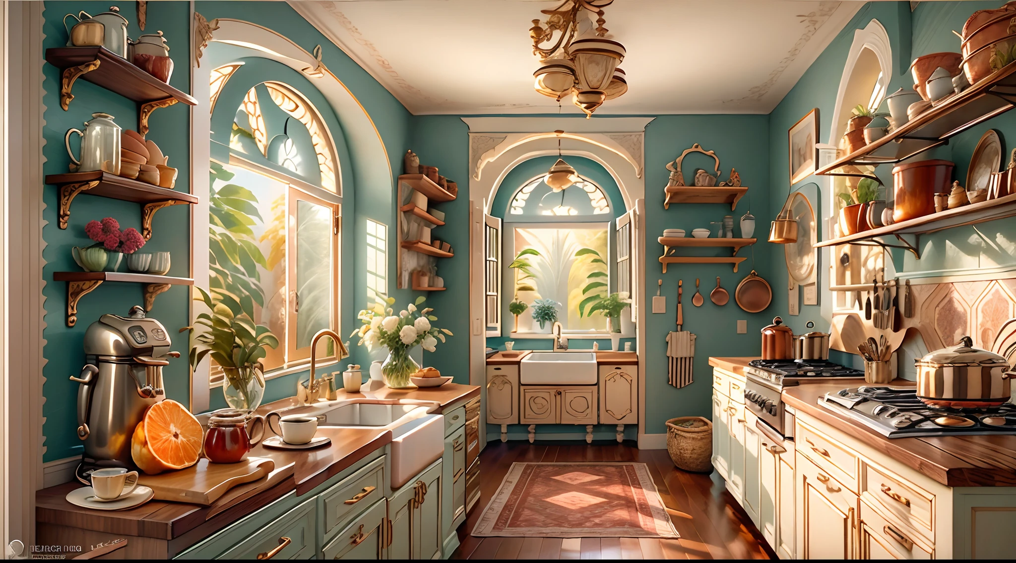 Highly detailed kitchen scene, Professional lighting, [Vivid colors], [Ultra-detailed], [Photorealistic:1.37], hardwood floor, Stainless steel appliances, marble countertops, Large center island with built-in sink, Hanging pot rack filled with copper cookware, Beautiful chandeliers hanging above the island, Rustic farmhouse dining table and mismatched chairs, Cozy breakfast corner with bay window, Natural sunlight shines through transparent curtains, Vintage coffee machine on countertop, A pile of fresh produce on a wooden cutting board, A bouquet of flowers on the windowsill, Decorative tile backsplash, Intricate carvings on cabinet doors, A glass jar filled with a wooden spoon, Collection of antique teacups on shelf, A bunch of recipes on a wall-mounted bookshelf, Fruit painting on the wall, Freshly baked bread on the table, The steam rises from the pot on the stove, Glass jars filled with homemade cookies, A bowl of colorful fruits on the countertop, A French press and a set of ceramic cups on trays, Vintage radio playing soft jazz music, Small herb garden on the windowsill, Comfortable carpet on the floor, A sizzling sound came from the oven, Fill the room.