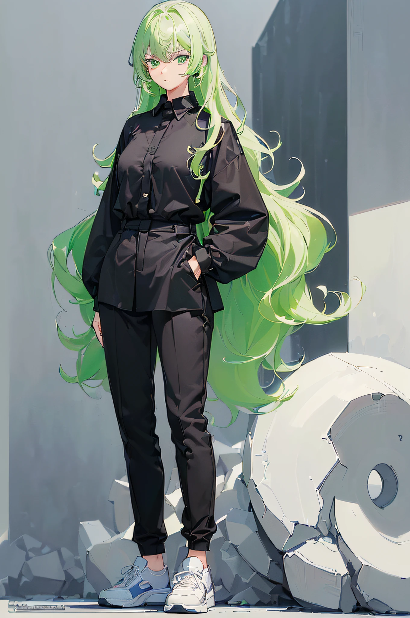 ((((((Look away, Not looking at the camera)))))), (((1 girl, Solo, Alone))),(((solid black background))),(((Cartoonish style, quadratic element, Simple Color Scheme))) , (Natural posture, Full body, Standing, Natural posture, upright posture), ((((Emphasis on image quality, top-quality, in 8K, masterpiece, Ultra High Resolution)))), (crisp lines, Crisp Contours, Clean lines),((Anime, big eye, Deformation, Cute, Anime Character, It features a simple, Eye Highlight, Simple little nose, Less hair highlights, smooth lines)),(((Hair color is lime green, Wavy Hair)))), ((((Business Casual Fashion、Wear a big black shirt,Wear sneakers )))), ((((boyish, Serious, Cool))))
