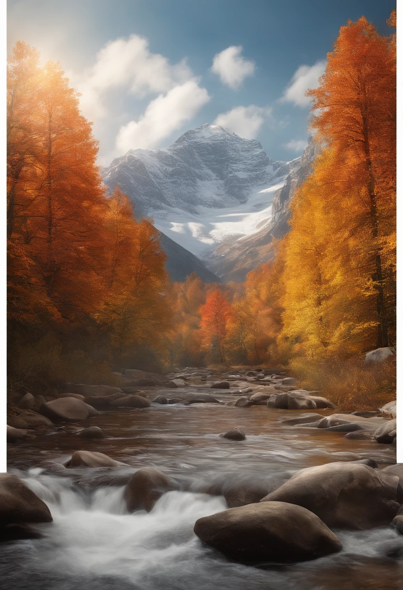 snow mountains,fall foliage,surrounded by cloud,Thick clouds,oc rendered,high qulity,tmasterpiece,Hyper-realistic,Ultra photo realsisim,8K,super-fine,ultra - detailed,Ultra-wide angle of view,dynamic viewing angle