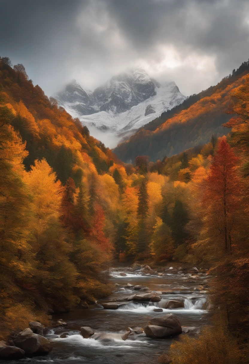 snow mountains,fall foliage,surrounded by cloud,Thick clouds,oc rendered,high qulity,tmasterpiece,Hyper-realistic,Ultra photo realsisim,8K,super-fine,ultra - detailed,Ultra-wide angle of view,dynamic viewing angle