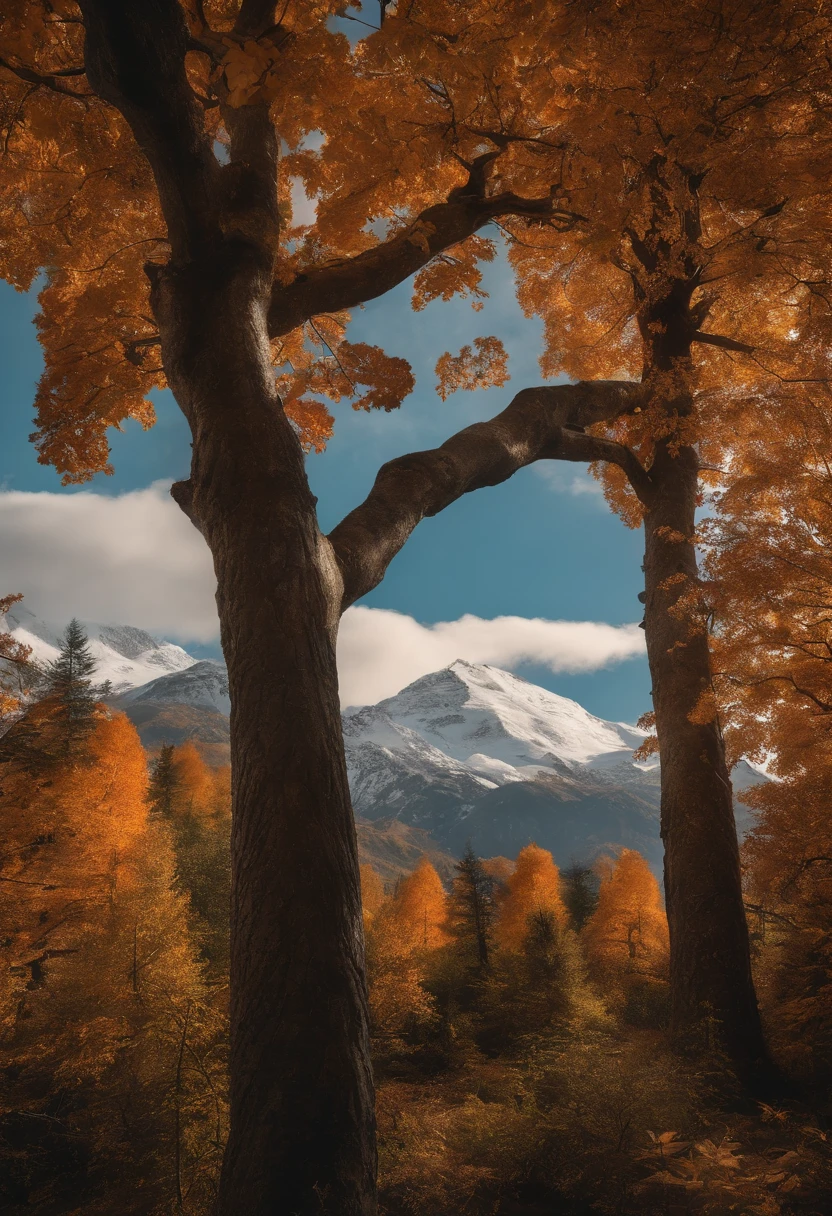 snow mountains，fall foliage，surrounded by cloud，Thick clouds，oc rendered，high qulity，tmasterpiece，Hyper-realistic，Ultra photo realsisim，8K，super-fine，ultra - detailed，Ultra-wide angle of view，dynamic viewing angle