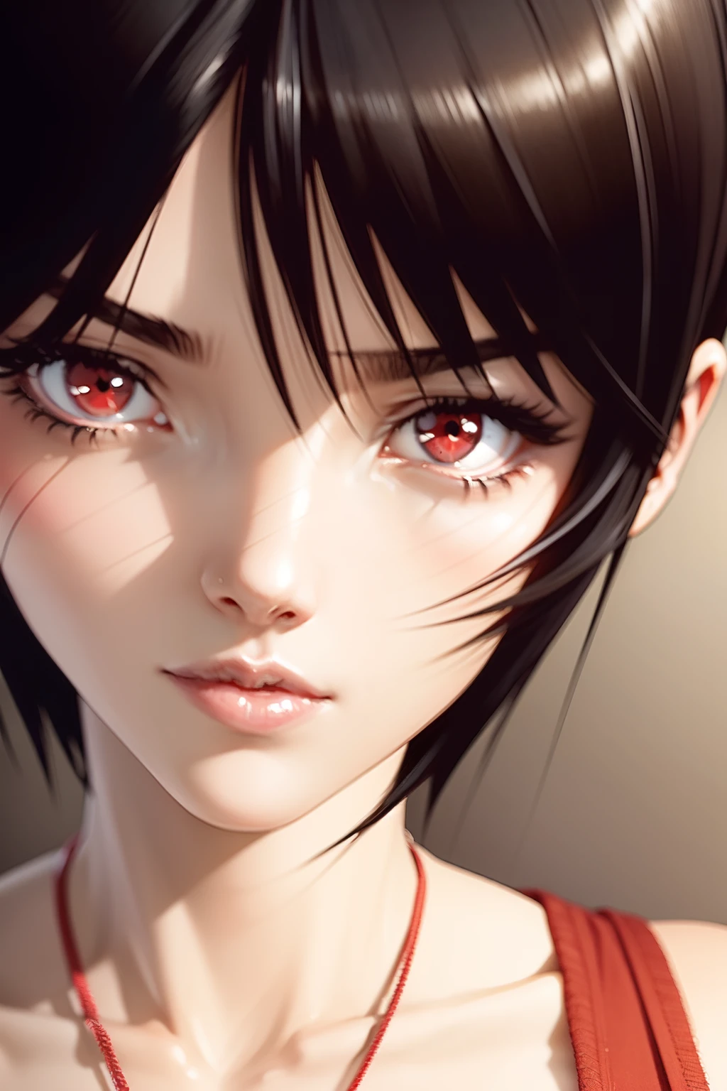 1girl, HITOMI, short hair, black hair,  red eyes, red bikini, face close-up, face focus,