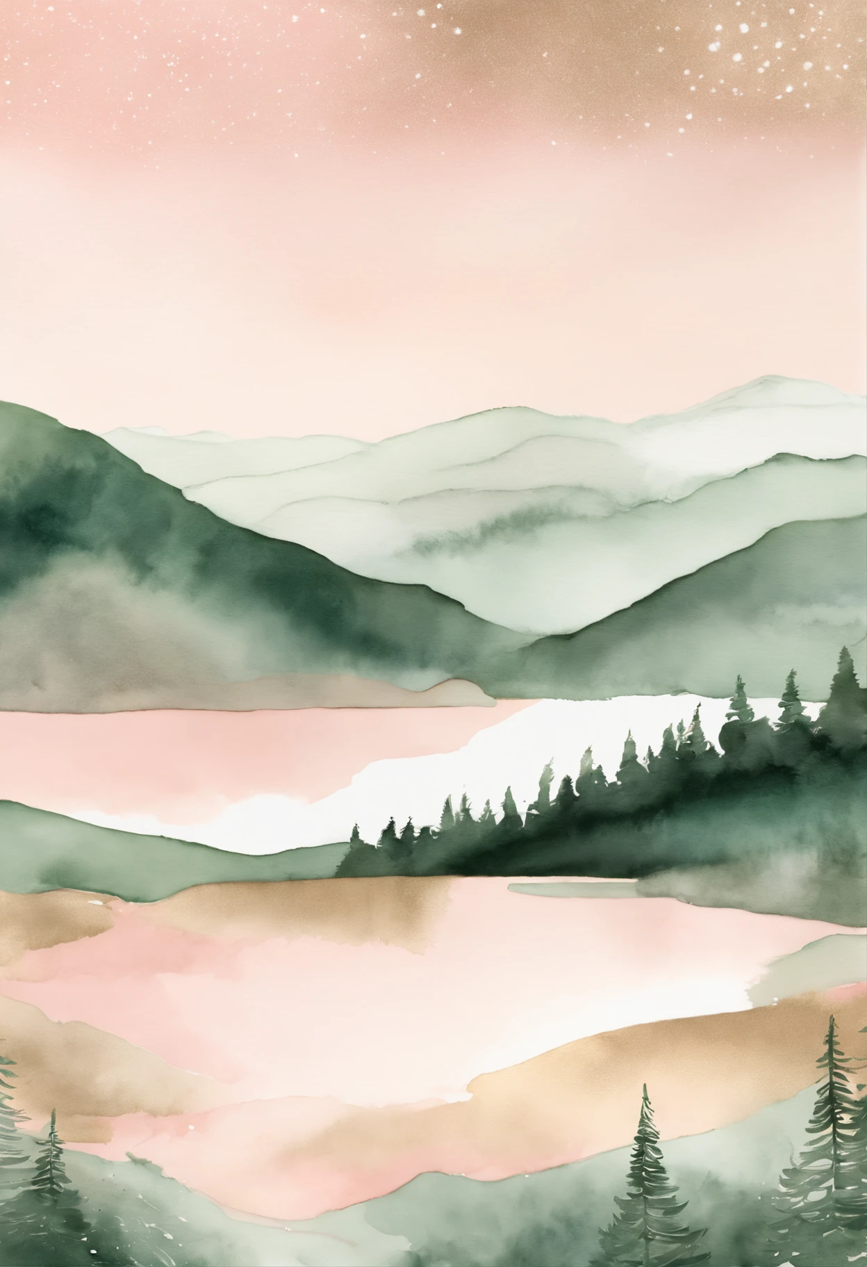 create a series of watercolor sage green and light pink with gold flecks strewn lightly throughout; boho wall art that combines minimalistic mountain silhouettes with muted sunset colors