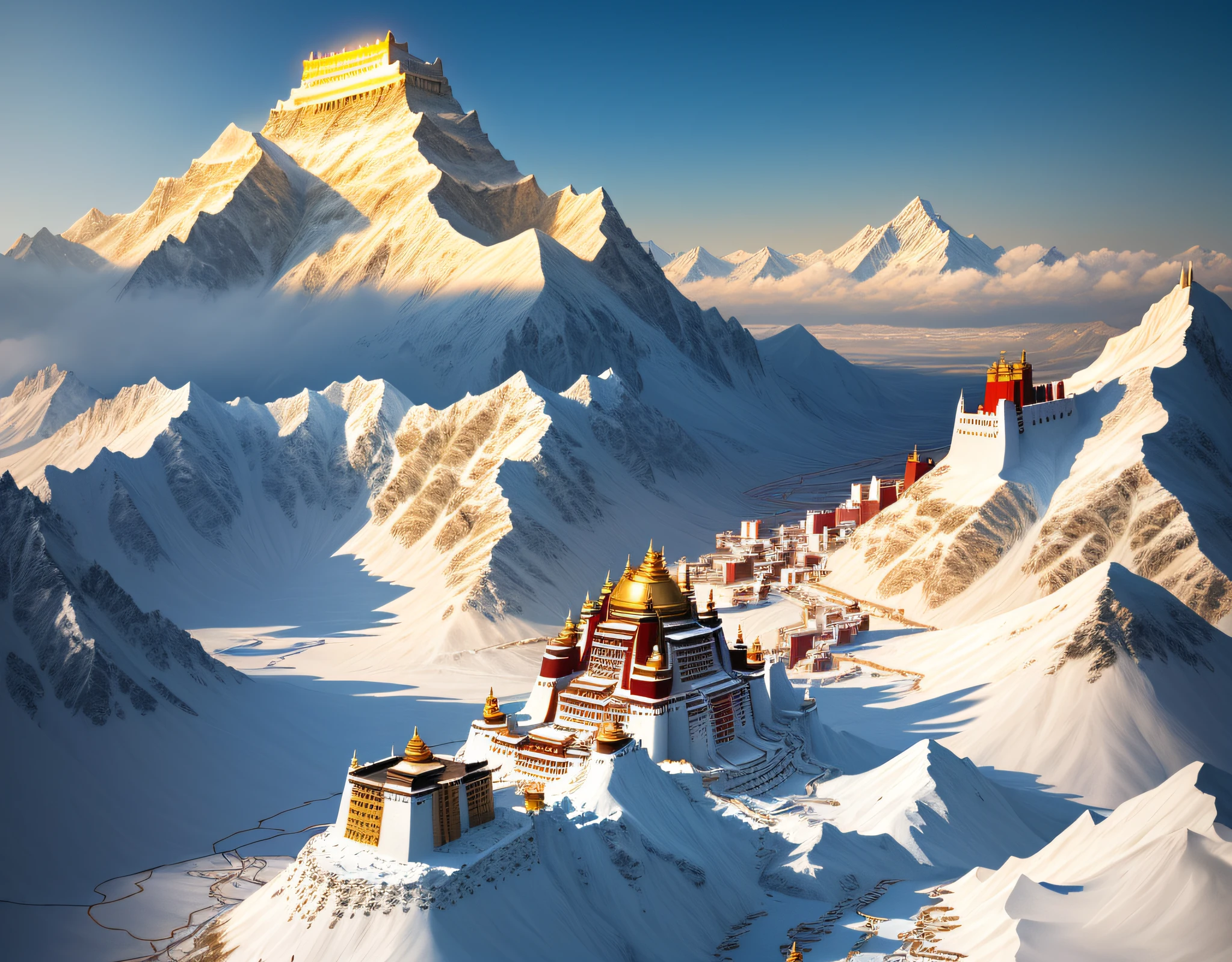 Snowy mountains under the golden sun，inverted image，Potala Palace，towering，tmasterpiece, High quality,  Best quality, 8K, Magnificent, A majestic，from above, wide shot, high quality, best quality, award winning, best quality, highres