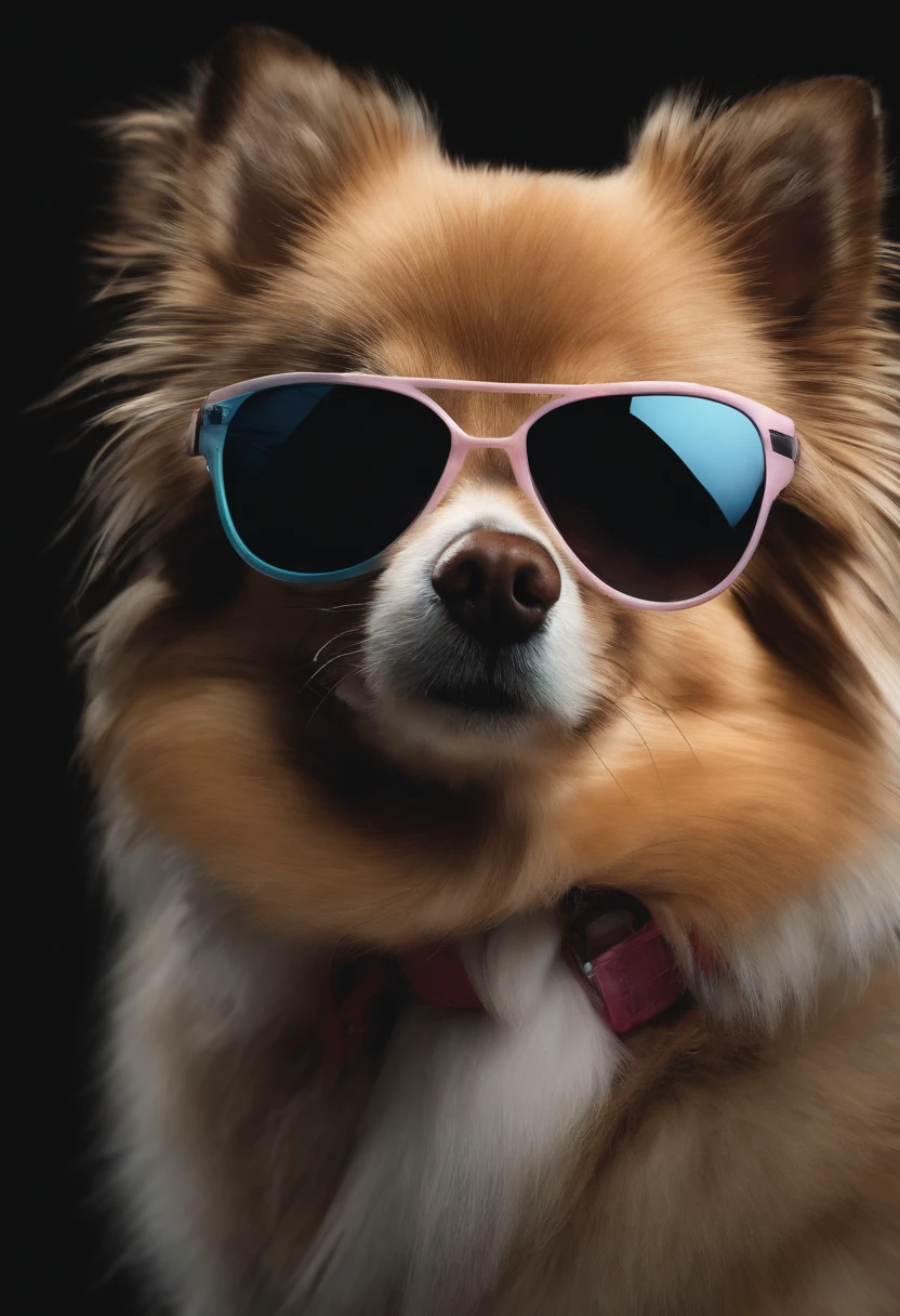 Perfect centralization, Lulu of Beautiful Pomerania, Use uma jaqueta da equipe de estudantes, wearing sunglasses, Usando fones de ouvido, alegria, Standing position, beleza abstrata, Centrado, looking at the camera, Facing the camera, nearing perfection, Dynamic, altamente detalhado, liso, foco nítido, 8k, high-definition resolution, illustration, arte de Carne Griffiths e Wadim Kashin,