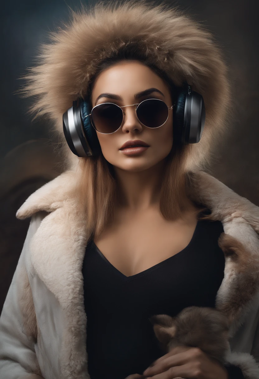 Perfect centering arrangement, Cute little cat, Wear a jacket., Wear sunglasses, Wearing headphones, cheerfulness, Standing position, abstract beauty, centered, looking at the camera, facing camera, Approaching perfection, dynamic, high-detail, smooth, crisp focus, 10, Black background ,Haftone