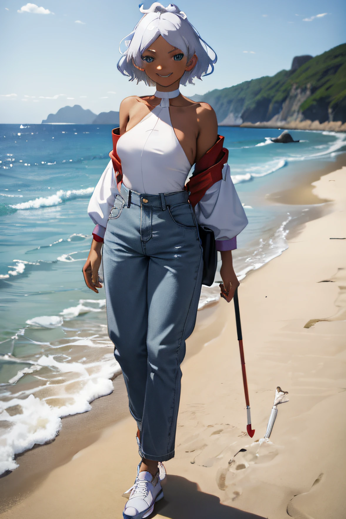 1girl, dark skin, blue eyes, white hair, short hair, half braid, music festival, beach, short white top, baggy jeans, sweet smile, perfect beautiful face, white sneakers, full body picture