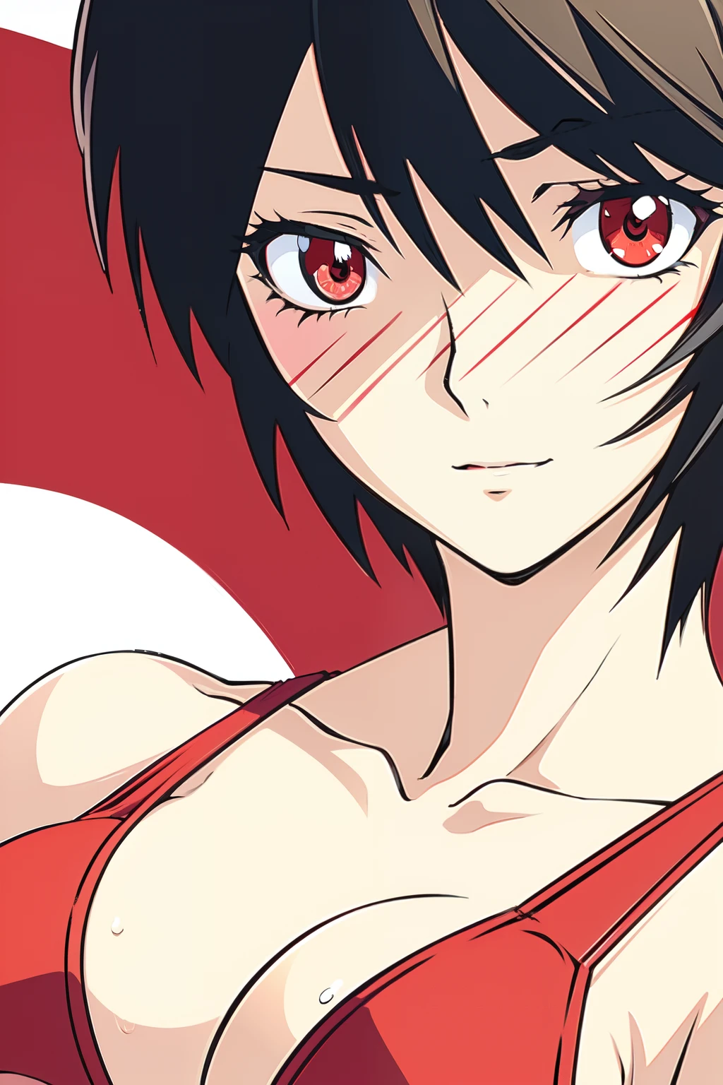 1girl, HITOMI, short hair, red eyes, red bikini, face close-up, face focus,