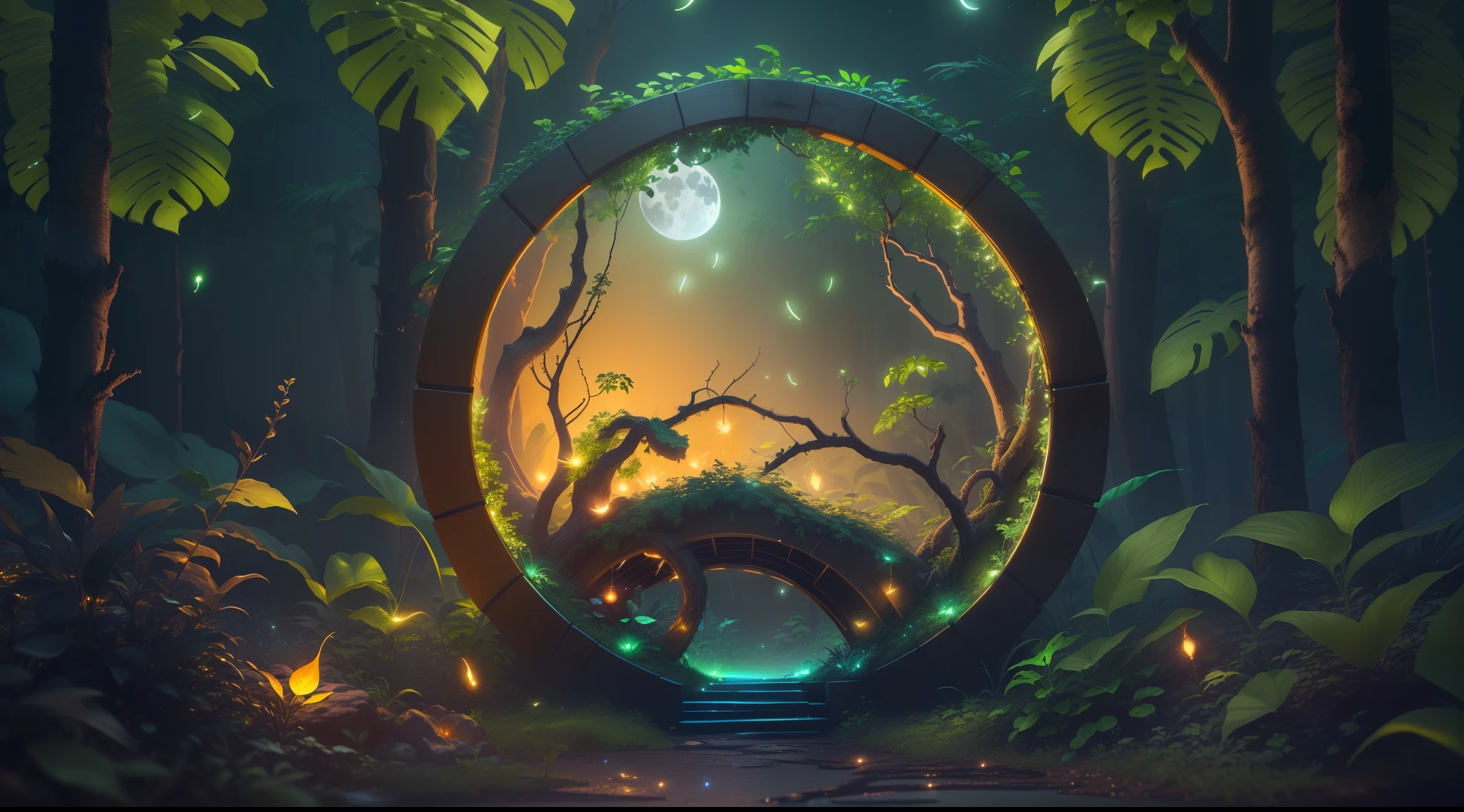 Masterpiece, best quality, (ultra-fine CG unity 8k wallpaper), (best quality), (best shadow), UI interface framework design with jungle theme natural elements. The avatar frame is designed as a circle, surrounded by delicate leaves and branches, as well as fireflies and glowing particle effects, moon, (UI interface box design), (natural elements), (jungle theme), (circle), (leaves), (branches), (fireflies), (glow), (particle effects). , isometric 3d, octane rendering, ray tracing, super detailed