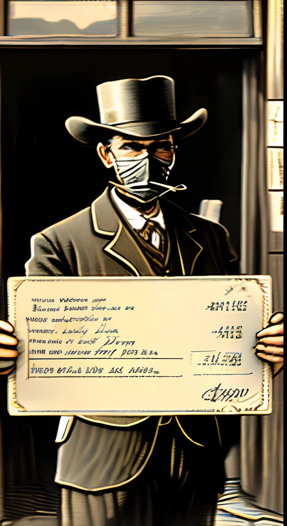 Wild west, 1891 year, old west vintage, image of a polite bank robber leaving an IOU note at the scene, highlighting an unexpected gesture of civility, old West Bank, dust.