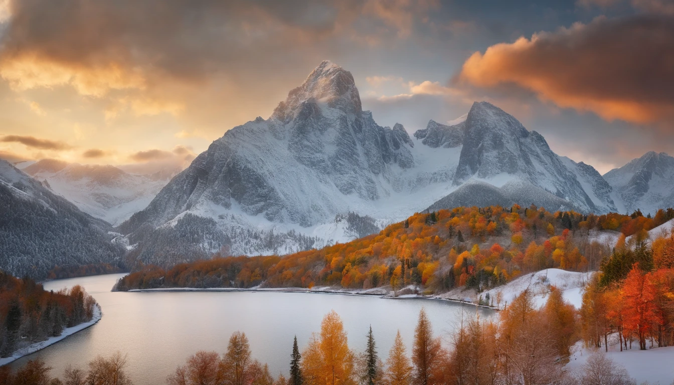 snow mountains，fall foliage，surrounded by cloud，Thick clouds，oc rendered，high qulity，tmasterpiece，Hyper-realistic，Ultra photo realsisim，8K，super-fine，ultra - detailed，Ultra-wide angle of view，dynamic viewing angle
