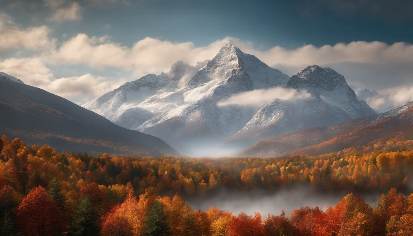 snow mountains,fall foliage,surrounded by cloud,Thick clouds,oc rendered,high qulity,tmasterpiece,Hyper-realistic,Ultra photo realsisim,8K,super-fine,ultra - detailed,Ultra-wide angle of view,dynamic viewing angle