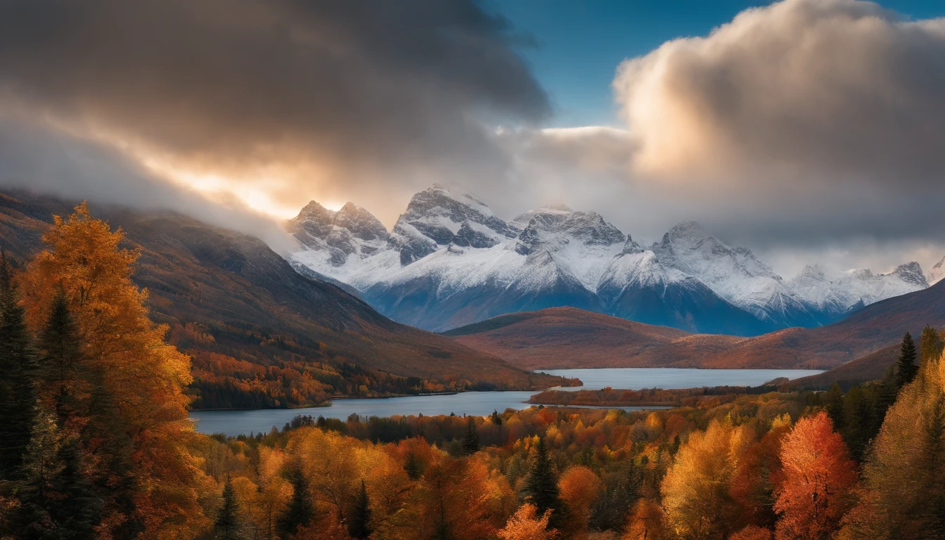 snow mountains，fall foliage，surrounded by cloud，Thick clouds，oc rendered，high qulity，tmasterpiece，Hyper-realistic，Ultra photo realsisim，8K，super-fine，ultra - detailed，Ultra-wide angle of view，dynamic viewing angle