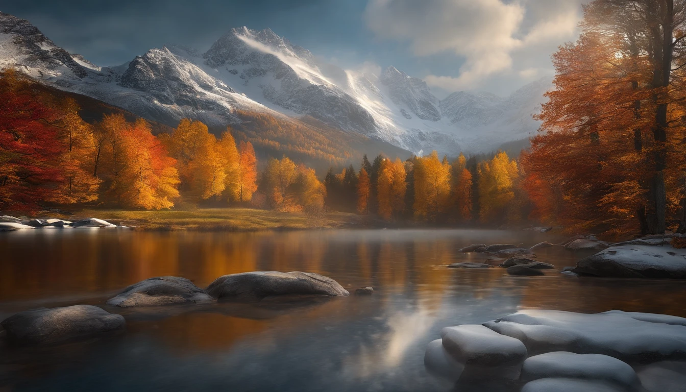 snow mountains，fall foliage，surrounded by cloud，Thick clouds，oc rendered，high qulity，tmasterpiece，Hyper-realistic，Ultra photo realsisim，8K，super-fine，ultra - detailed，Ultra-wide angle of view，dynamic viewing angle