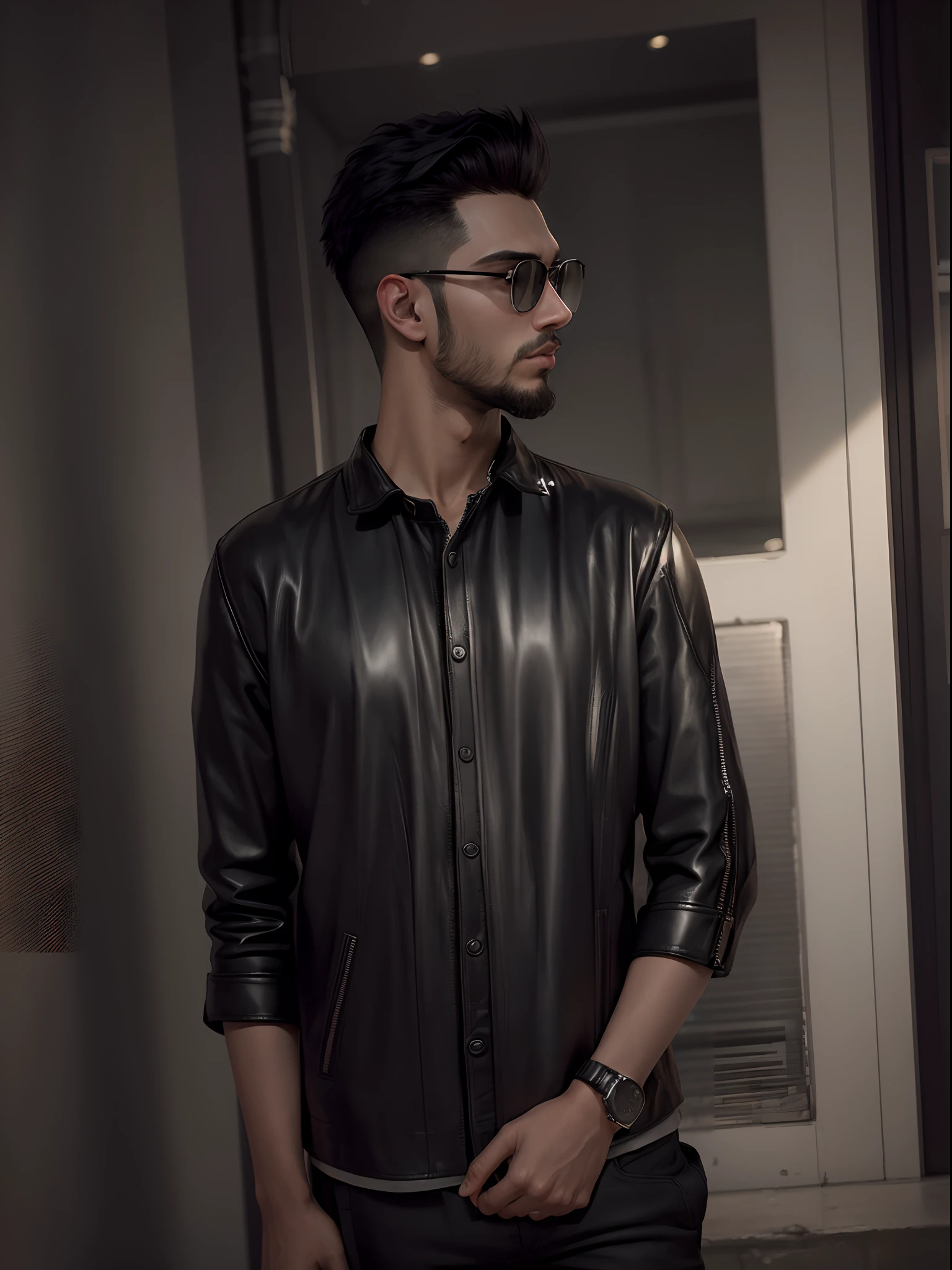 Change the background to dark colour, 21-year old man, leather jacket, short black hair, lite beard, 8k, perfect
