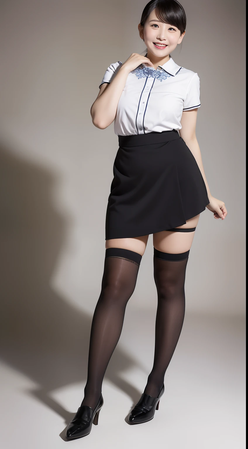 Masterpiece,Best quality, (maam. clerk:1), ((Portrait:1.3)), Cross arms, Triangle underwear , Smile,Skirt that wraps hips,Long legs,Clearly focus pores,in a panoramic view,Cocked buttocks,black lence stockings