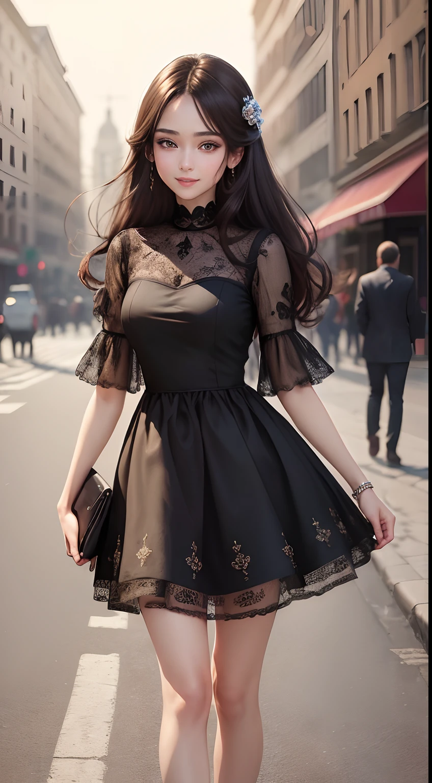 ((Best quality, 8k, Masterpiece :1.3)), 1girl, smiling, full body, slim face, Pretty woman, (Dark brown hair), full length dress :1.1, Ultra-detailed face, Detailed eyes, Double eyelid, blur background, slim face, city, outside, street,