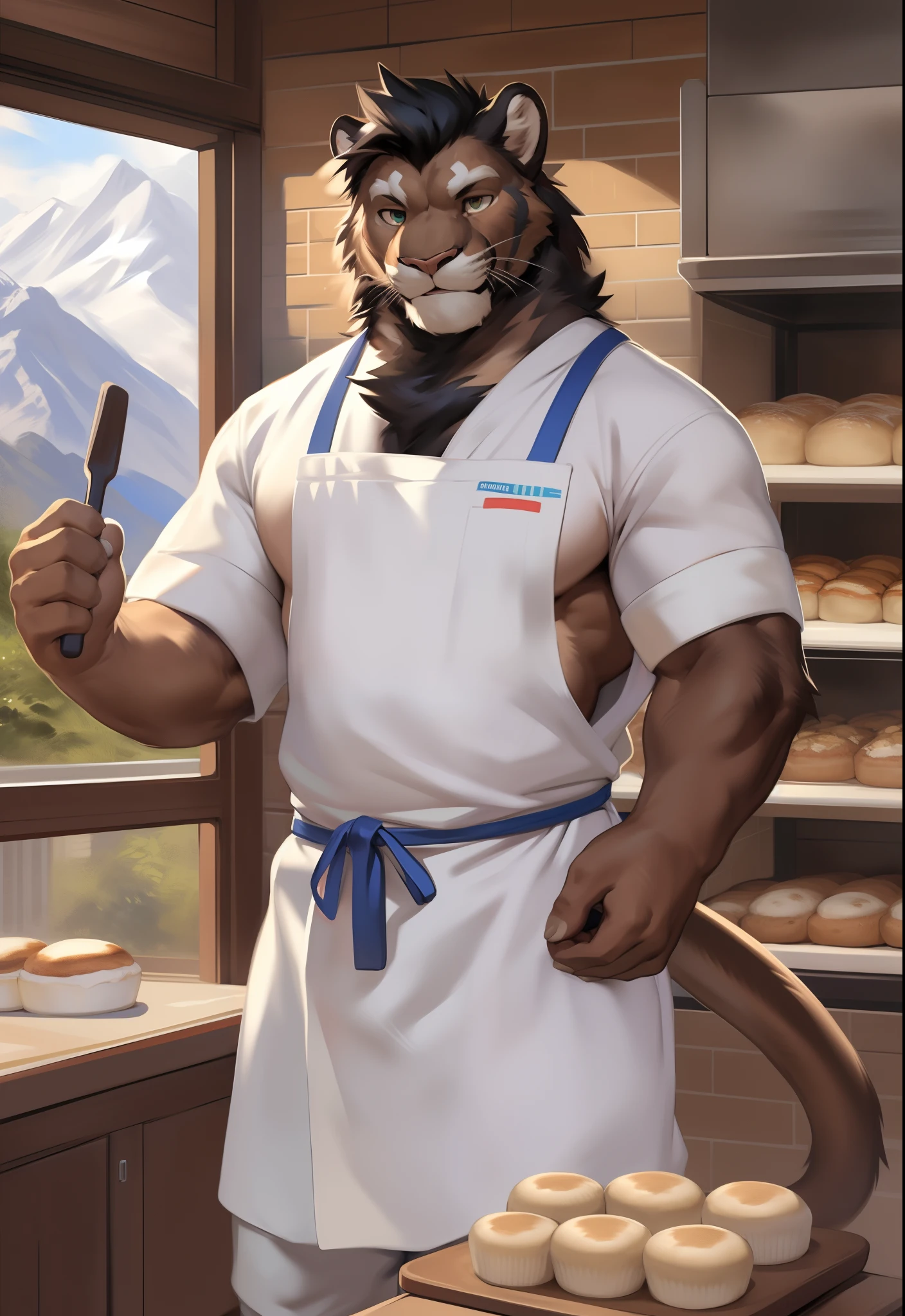 anthropology, blue wolf, hairy, black and white fur, A place where people congregate Sparkling blue eyes, Big pink‚ with big‚ abs‚ handsome, coffee unifrom, apron, front view, high quality, super detail, 1080P, high quality, high quality, best quality, 8k, super detail, 16k