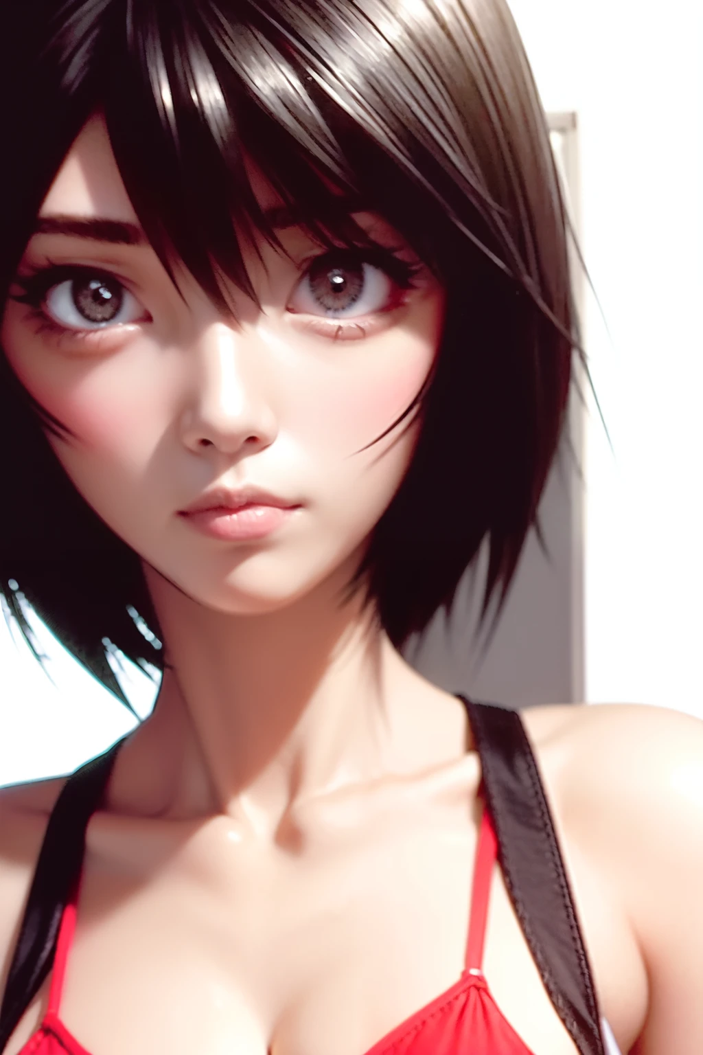 1girl, HITOMI, short hair, black hair,  red eyes, red bikini, face close-up, face focus,