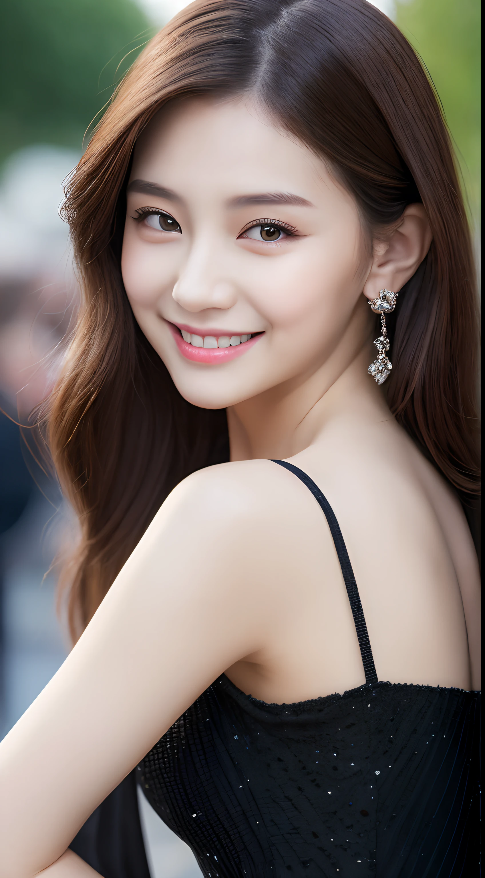 ((Best quality, 8k, Masterpiece :1.3)), 1girl, smiling, full body, slim face, Pretty woman, (Dark brown hair), full length dress :1.1, Ultra-detailed face, Detailed eyes, Double eyelid, blur background, slim face, city, outside, street,