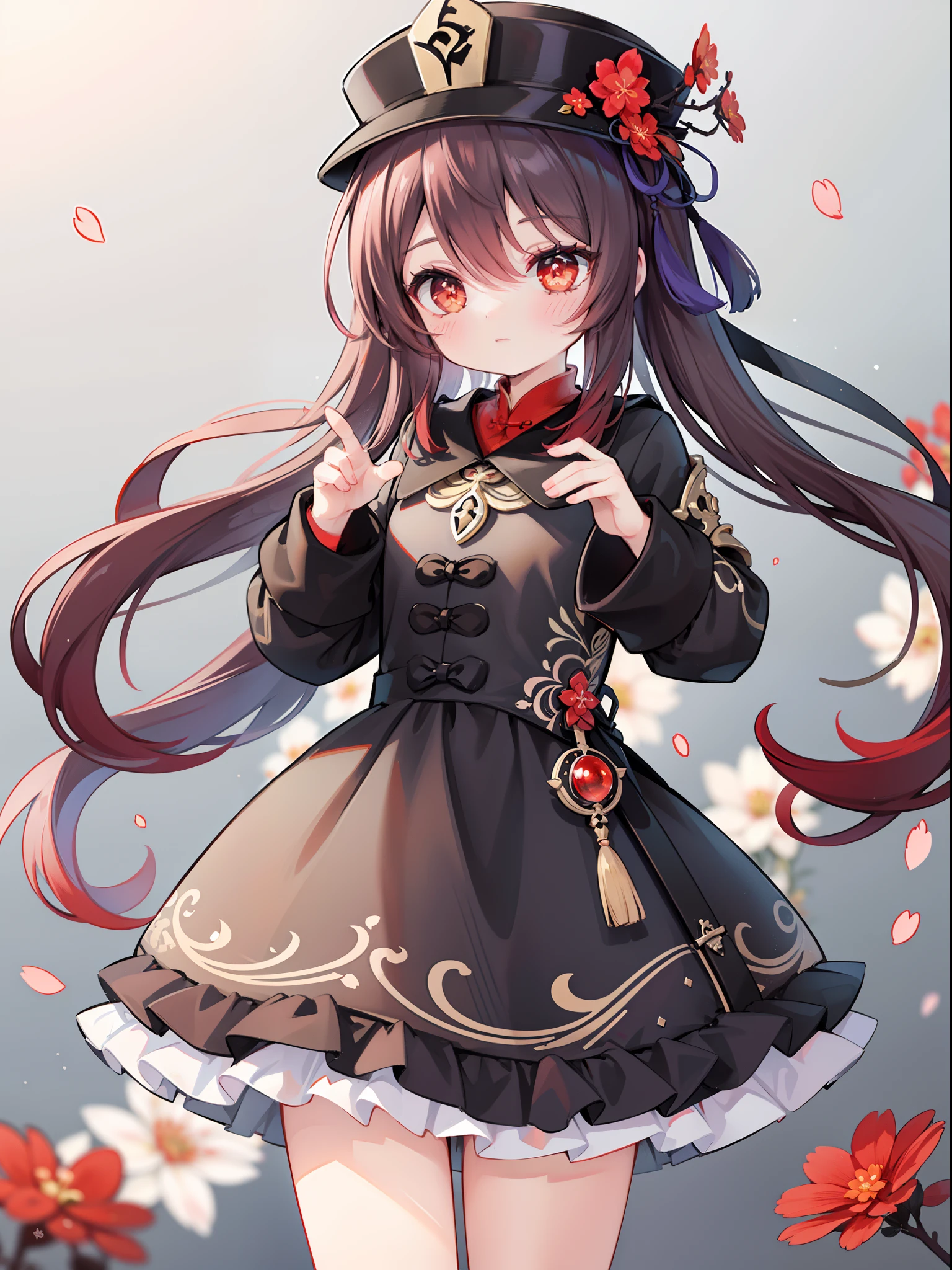 2d, masterpiece, best quality, anime, highly detailed eyes, highly detailed face, highly detailed background, perfect lighting, cowboy shot, feet out of frame, 1girl, solo, standing, hu tao \(genshin impact\), symbol-shaped pupils, flower-shaped pupils, hat, red flower, red eyes, cherry blossoms ,