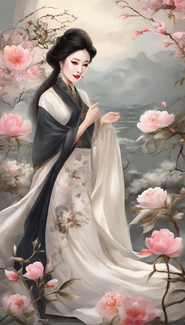 Yun wants to wear clothes and flowers to look good,The spring breeze blows Revlon。if it were not for the jade mountain, I'll see you,Will meet Yaotai moon。A beautiful concubine in ancient China, Yang Yuhuan,Yang,elegant,A shallow shy smile,(Black colored eyes),holding peony flower,(Very detailed and perfect facial depiction),(Black coiled hair),(Half-body appearance),Silk fabric, (Long sleeves floating), It's dancing,Happiness is light,White kitten, (There is a bright full moon in the distant sky:1.2),(surrounded by flower:1.2), vivd colour,Autumn tones,Moonlit night,(light and shadow effect),(vivd colour),(Color splattering),(Obvious layers),(Ink painting style:1.2),(Photography Award),(8k wallpaper),(Masterpiece),(best qualtiy),A picture,realisticlying