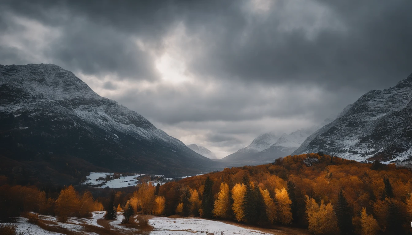 snow mountains,fall foliage,surrounded by cloud,Thick clouds,oc rendered,high qulity,tmasterpiece,Hyper-realistic,Ultra photo realsisim,8K,super-fine,ultra - detailed,Ultra-wide angle of view,dynamic viewing angle