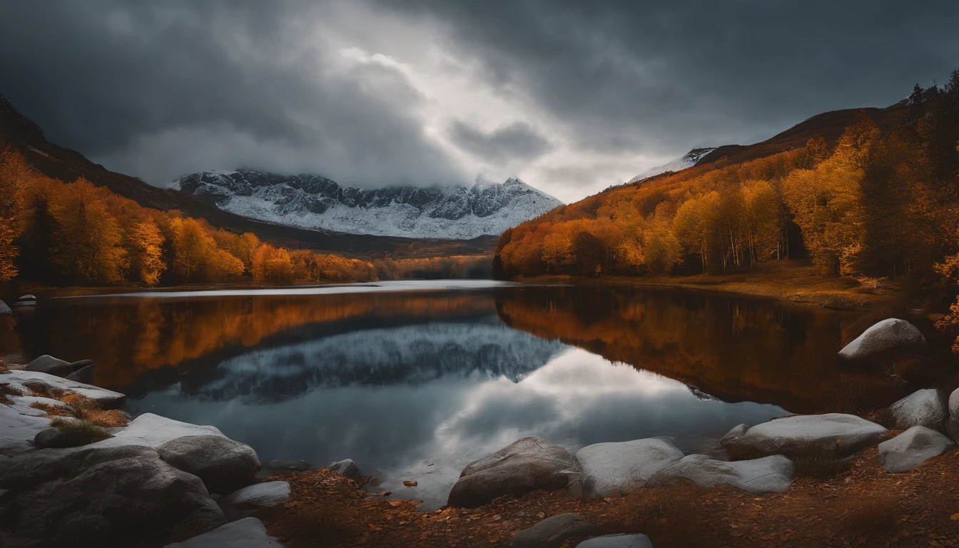 snow mountains，fall foliage，surrounded by cloud，Thick clouds，oc rendered，high qulity，tmasterpiece，Hyper-realistic，Ultra photo realsisim，8K，super-fine，ultra - detailed，Ultra-wide angle of view，dynamic viewing angle