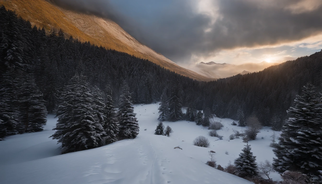 snow mountains,fall foliage,surrounded by cloud,Thick clouds,oc rendered,high qulity,tmasterpiece,Hyper-realistic,Ultra photo realsisim,8K,super-fine,ultra - detailed,Ultra-wide angle of view,dynamic viewing angle