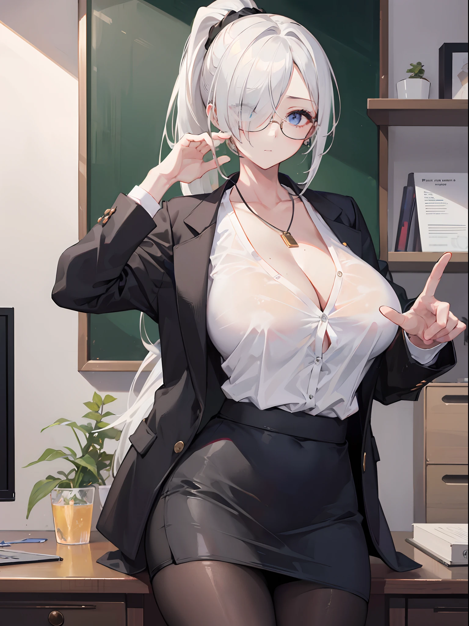 In teacher's office, high resolution, 8k, masterpiece, best quality, 1girl, teacher, mature female, ponytail, hair over one eye, white shirt, mini skirt, pantyhose, glasses, hand on glasses, earring, necklace, large breasts, huge breasts, holding iphone