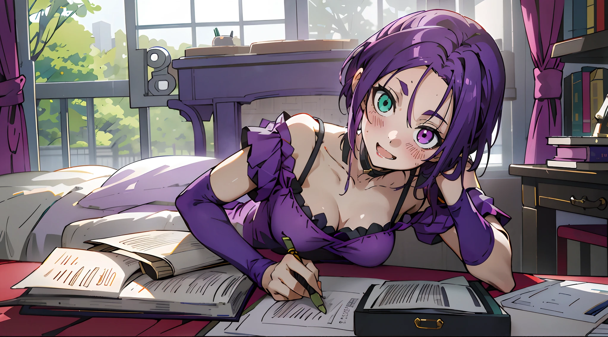 red blush, 1girl, Solo, sharpy face, heterochromia, teal green eyes, purple eyes, Bare neck, happiness face, smile face, opened mouth