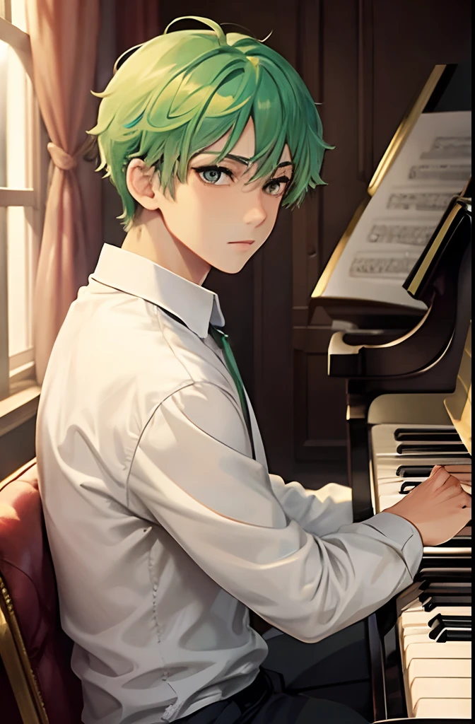 1 boy green hair color brown eyes playing piano in his luxurious music room wearing elegant white shirt masculine